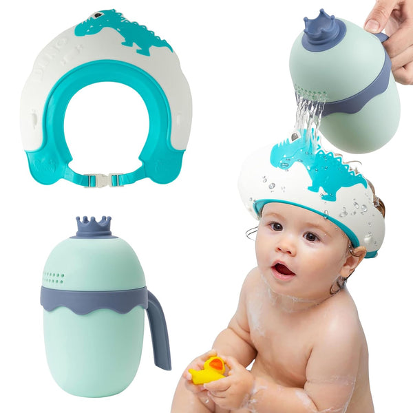 FUNUPUP Baby Shower Cap with Bath Rinse Cup, Adjustable Toddler Hair Washing Shield Hat (Dinosaur Blue)