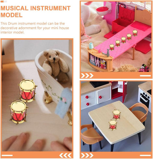 HOMSFOU Miniature Drum Models, 4pcs Mini Drum Accessories for Dollhouse Music Room Decor, 1:12 Scale