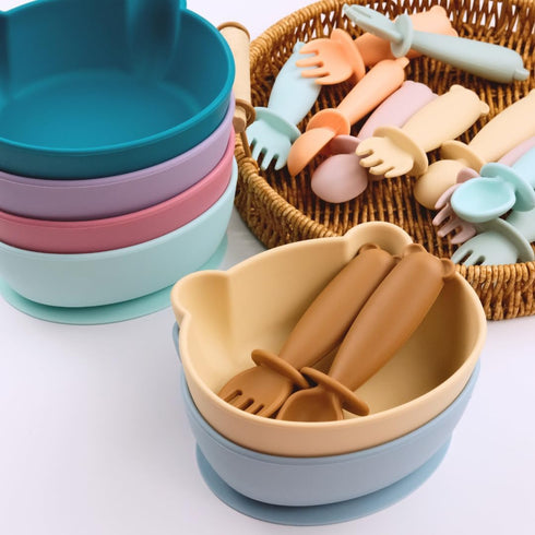 6+ Silicone Bear Shaped Baby Bowl with Suction, Spoon & Fork for Babies Months, Infant Feeding BLW Baby Essentials Must