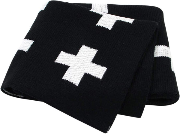 mimixong Baby Blankets Knitted Toddler Blankets Black and White with Cross Swiss