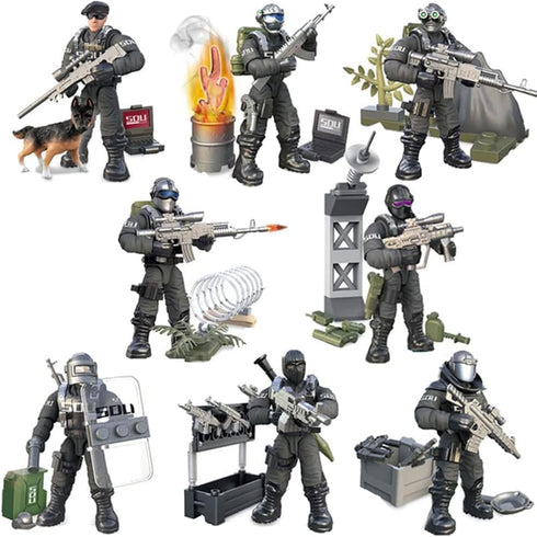 8 PCS Building Block Action Mini-Figures with Military Weapons Accessories, Army City Policeman SWAT Model Toys