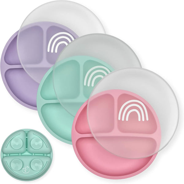 Hippypotamus Toddler Plates - Suction Plates with Lids, 100% Food-Grade Silicone, BPA Free, Dishwasher Safe, Set of 3