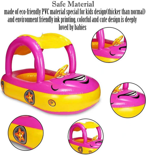 Summer Baby Pool Float with Canopy Steering Wheel Sunshade Swim Ring Car Inflatable Toys Infants Float Seat Boat