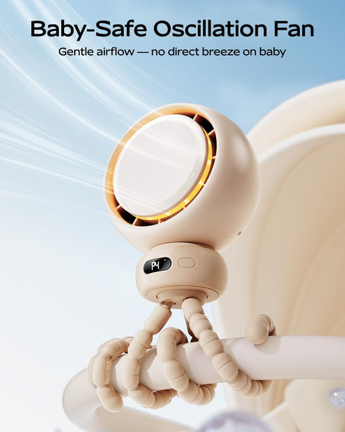 60 4 Mini Portable Stroller Fan Auto Oscillation, Quiet USB-C Rechargeable Baby Fan, Speeds, Night Light & Warning