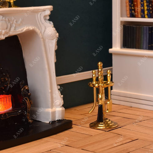 1/12 4pcs) iLAND Dollhouse Furniture and Accessories of Dollhouse Fireplace on Scale w/Fire Light & Fireplace Tools