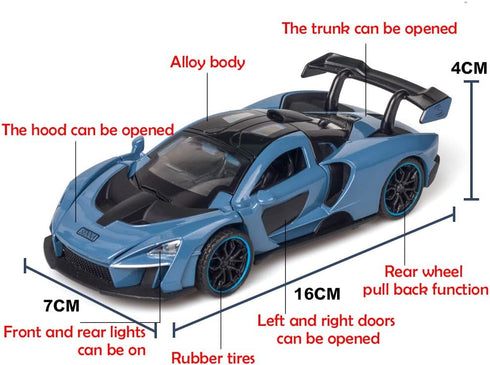 iPariser Alloy Collectible Blue Senna Toy Vehicle Pull Back DieCast Car Model with Lights and Sound