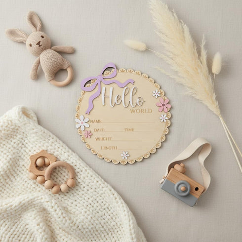 TTMerriwood Hello World Wooden Baby Birth Announcement Sign, Pink Floral Newborn Name Date Time Weight Length Board