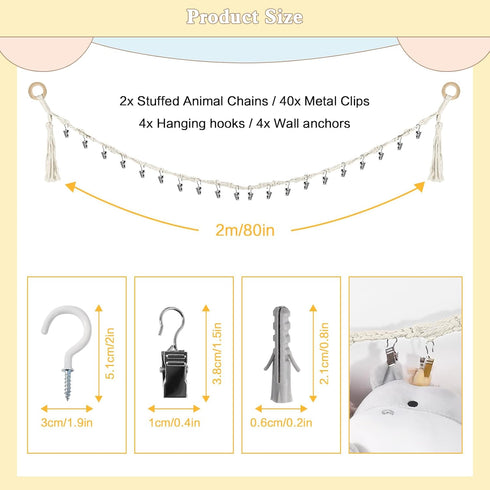 CERETIA 80" 2-Pack 20 Cotton Hanging Storage Chain For Stuffed Animals Storage with Metal Clips, Stuffed Animal
