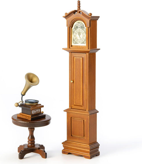 Minamzee 1:12 Set, 3Pcs Dollhouse Furniture Accessories Victorian Miniature Grandfather Clock, Vintage Phonograph
