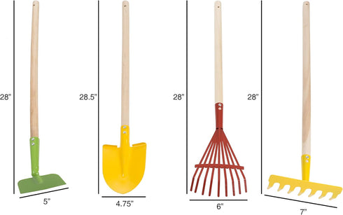Set 4-Piece HEY! PLAY! Kids Gardening Mini Garden Tools with Wood Handles Child-Sized Shovel, Rake, Hoe, and Tined Hoe