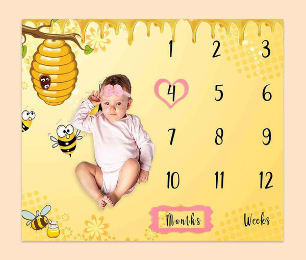 Baby Age Milestone Blanket, Bee Honeycomb Growth Chart for Nursery, 1-12 Months, Includes 4 Frame and 1 Headband 47"x40"