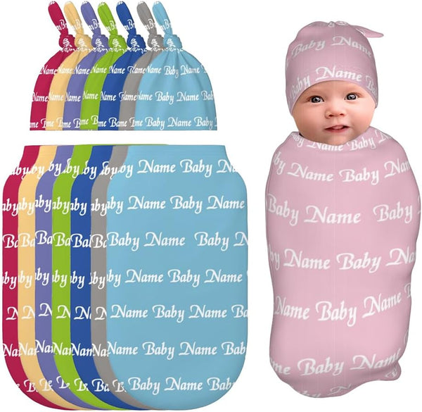 Custom Baby Swaddle Blanket & Hat Set for Boy Girl Personalized Name