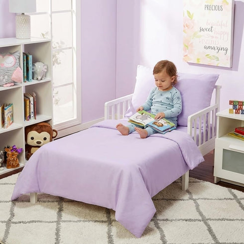 4 Set EVERYDAY KIDS Piece Toddler Bedding - Includes Comforter, Flat Sheet, Fitted Sheet and Pillowcase - Solid Purple