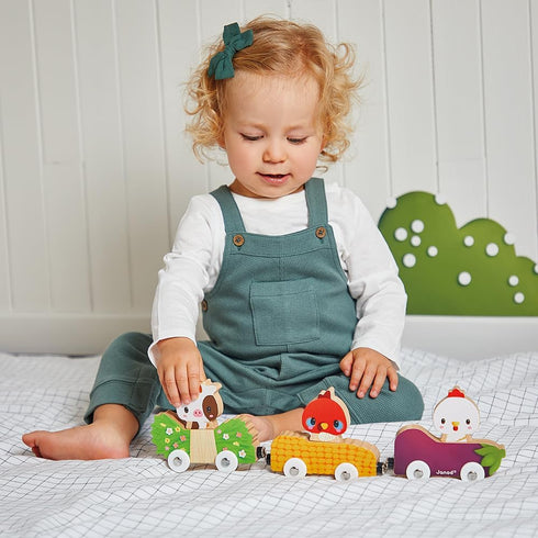 Janod Farm Wooden Animal Car Train Push and Go Playset - For Ages 18 Months to 3 Years (J03316)