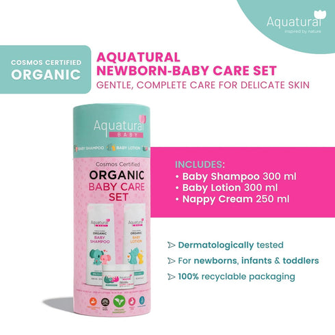 Set Organic Baby Essentials Bath Care - Certified Organic Baby Shampoo, Lotion & Nappy Cream - Dermatologist Tested