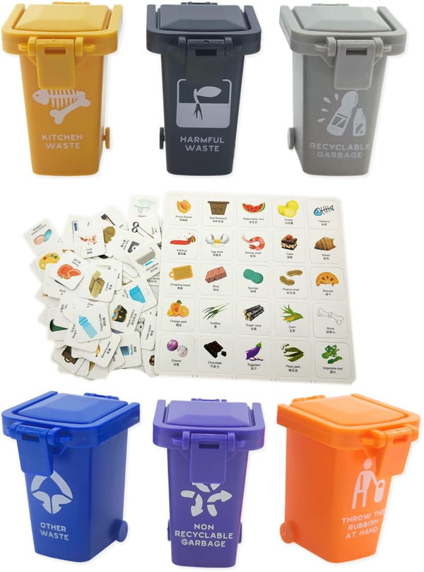 Kids Garbage Classification Toy Vehicles, 6 Trash Cans + 100 Cards Garbage Truck