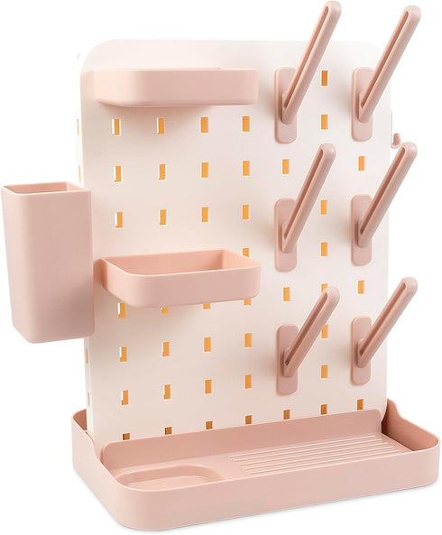 AKS B2C Countertop Baby Bottle Drying Rack Space Saving Vertical Rack with Brushes Holder (Pink)