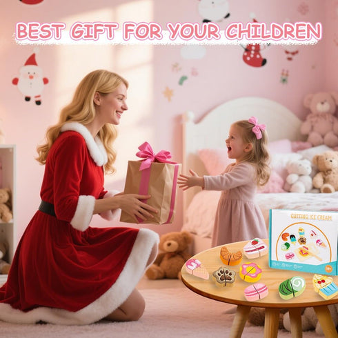 Embosomitr 12PCs Set Set 3 Ice Cream Toy Wooden Cake Toy Cutting Play Pretend Food Play Toy Kitchen with Wooden Knife