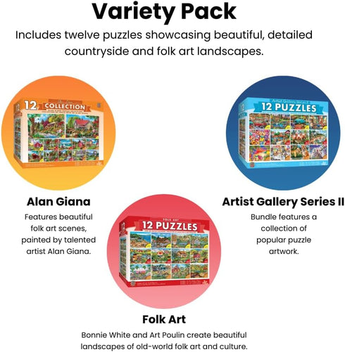 12-Pack Set, (4) 100 (4) 300 (4) 500 MasterPieces Jigsaw Puzzle Bundle Fun for Adults and Family, Folk Art Collection