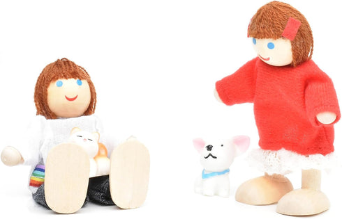 Wooden Doll House People Set of 7 Miniature Figures and 2 Pets, Dollhouse Dolls Family Accessories for Kids