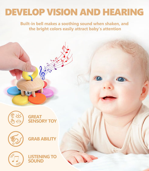 4 PCS Wooden Baby Rattle Set, Organic Colorful Rattles for Babies 0-12 Months, Wooden Teether Crochet Toy