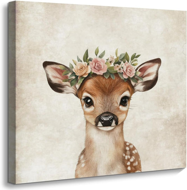 ORIDOMY Cute Deer Wall Art for Baby Nursery Wildlife Deer Wearing Wreath