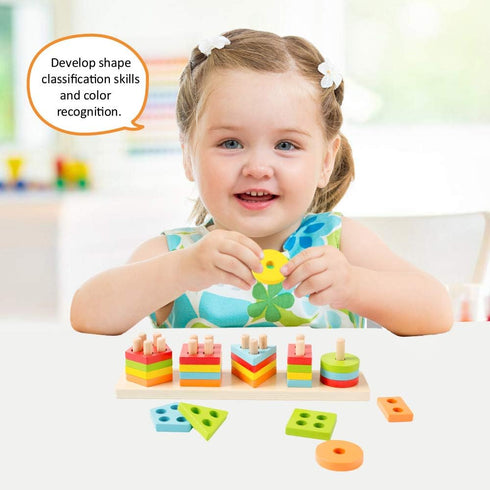 WOOD CITY Wooden Sorting & Stacking Toy, Montessori Shape Sorter for Toddlers, Early Educational Block Puzzles for Kids