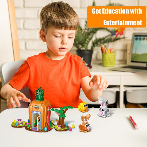 Set, 2 Easter Bunny Carrot House Building Rabbits, Chick, Colorful Easter Egg and Basket Toy, Building Blocks Kit