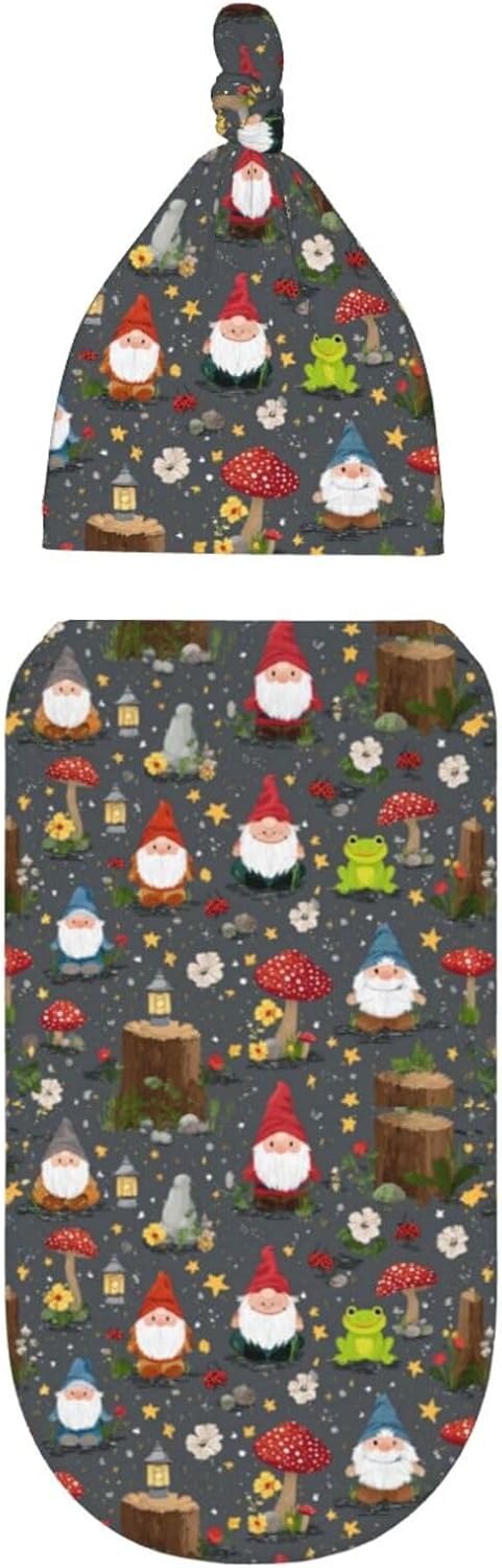Nanyizly Set 0-6m Gnomes Mushrooms Frog Flower Newborns Beanie Swaddle Blanket Baby Receiving Blankets for Infant Boy