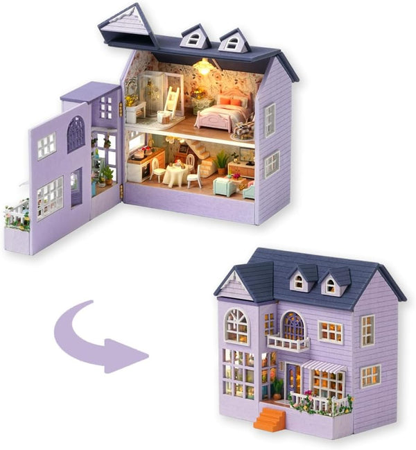 TuKIIE DIY Miniature Dollhouse Kit with Furniture, 1:32 Scale Opened & Closed Wooden House for Kids