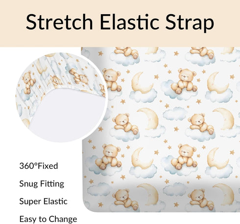 Pynnlts 52x28in Cartoon Bear Baby Crib Sheets Fitted Crib Sheet for Boys Girls Cute Bear Moon Stars Clouds Baby Sheet