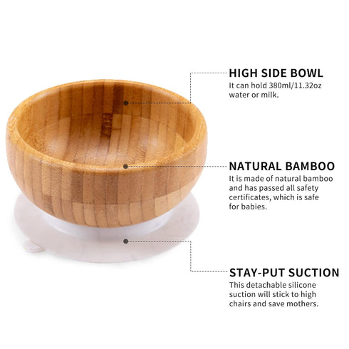 Baby Bamboo Bowls with Suction and Matching Spoon Set - 3 Piece Feeding Supplies Set for Infant, Toddlers - Detachable Silicone Suction Stay Put Base for Wooden Bowl, Plate - BPA Free