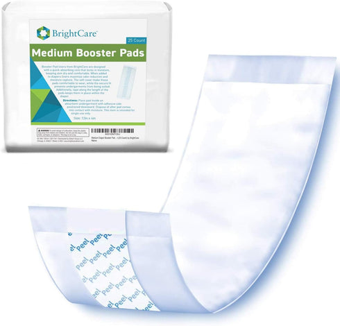 BrightCare (12 x4 Inch) (25 Count) Medium Adult Diaper Booster Pad Liner - Inserts with Adhesive - Doubler Locks