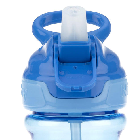 Nuby Thirsty Kids Push Button Flip-it Soft Spout Water Bottle, Easy Grip Band, Blue Sharks, 12 Oz