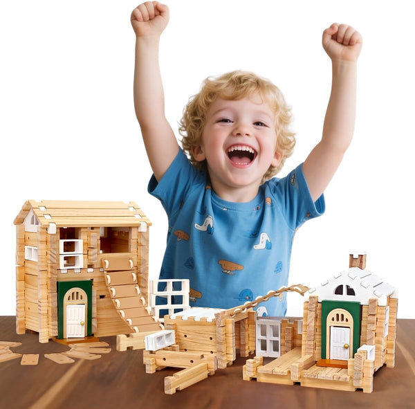 Jovi-mindlyNotchies 107 Pcs Wooden Blocks Toys with Door and Windows,Classic Old Fashioned