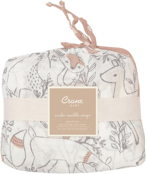 100% Set 2, 47" 47", Crane Baby Cotton Muslin Swaddle Blankets, Ezra Woodland Animal, Baby Swaddle Blanket, of x