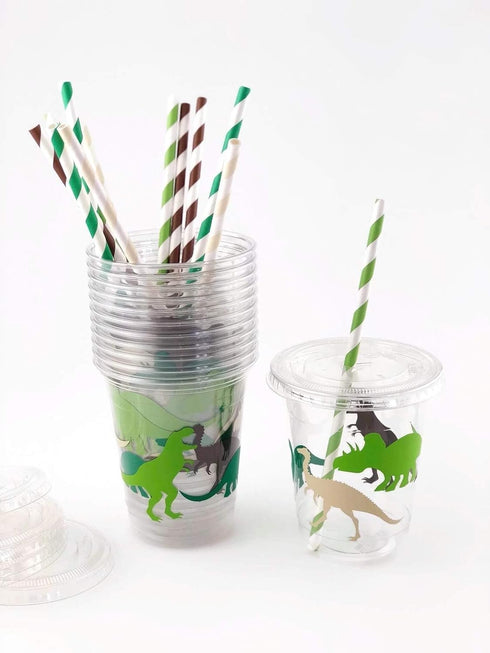 Dinosaur Birthday Cups, Kids Party Supplies, Birthday Favor Cups, Plastic Disposable Cups with Lids and Straws, Set of