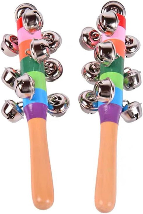 2 Pack Vivid Color Rainbow Handle Wooden Bells, Jingle Stick Shaker Rattle, 10 Jingle Bells Musical Toys