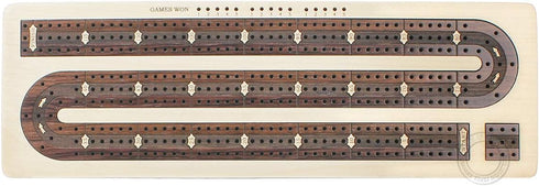 3 Track Continuous Cribbage Board Inlaid in Rosewood, Maple Wood, 12.5 Inches with Storage Drawer for Pegs