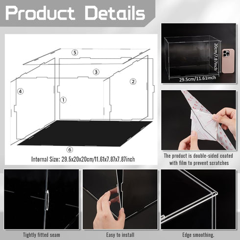FINGERINSPIRE Plastic Minifigure Display Cases, 12.2x8.3x8inch Clear Dustproof Action Figure Display Box with Black Base