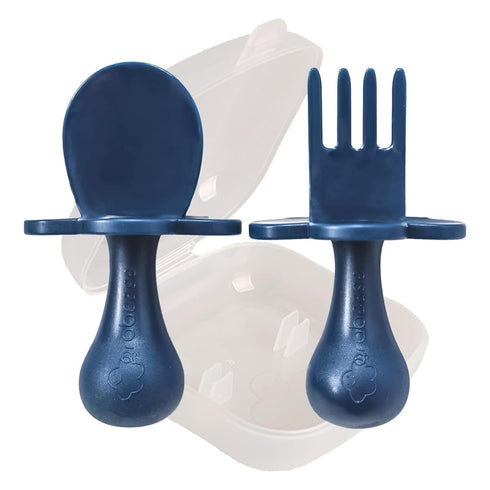 Grabease Baby Led Weaning Supplies, BPA-Free & Phthalate-Free Toddler Fork & Spoon Set, Navy for Self Feeding
