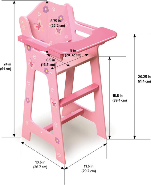Badger Basket Pink Toy Blossoms and Butterflies Doll High Chair Feeding Seat for 18 Inch Dolls