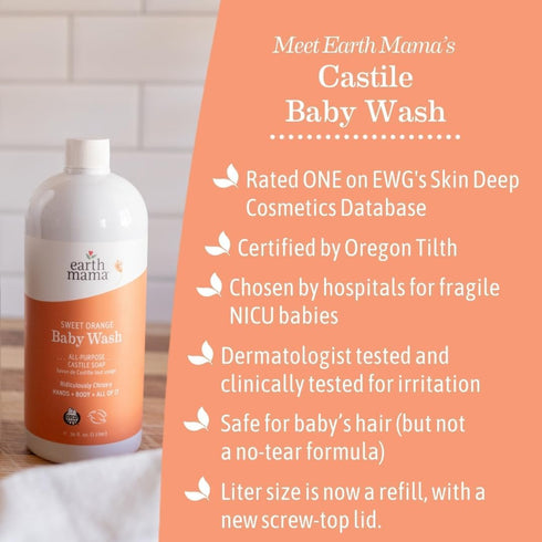 Earth Mama 34 oz Sweet Orange Baby Wash Liquid Hand Soap Refill, Body Wash for Sensitive Skin, All Purpose Castile Soap