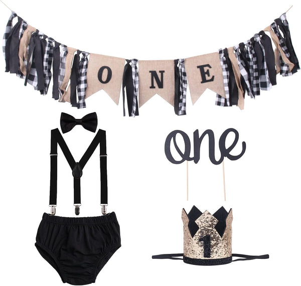First Birthday Cake Smash High Chair Banner for Baby Boys - Suspenders