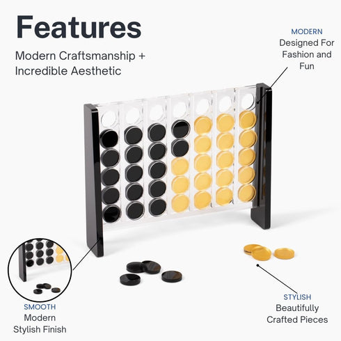 Unique Acrylic Four in a Row Game - Aesthetic 2 Player Board Game for Family, Travel Board Games (Black and Gold)