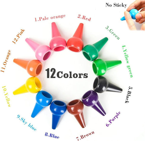 LECAMEBOR 12 Finger Crayons for Toddlers, Non-Toxic Crayon for Kids Washable Palm-Grip Crayons Colors Paint Crayon