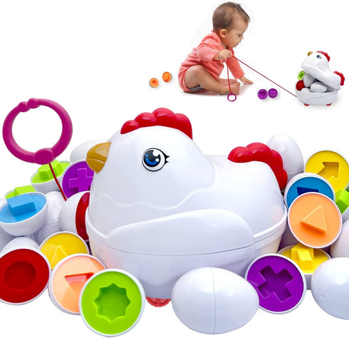 Easter Matching Eggs Toddler Toy, Push & Pull Chicken Box, 12 Pcs Montessori Sorter Learning Educational Toy