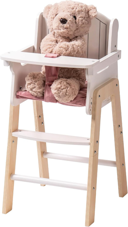 18 Inch ROBOTIME Wooden Baby Doll High Chair, Pink Wooden Baby Doll Chair for Dolls, Pretend Play High Chair Baby Doll