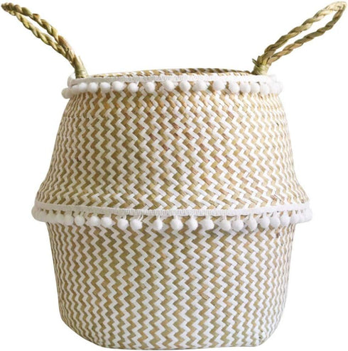 NUOBESTY Natural Round Seagrass Belly Basket with Handles for Storage, Nursery, Laundry, Picnic, and Toy Storage