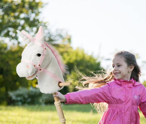 HollyHOME Plush Unicorn Stick Horse with Wood Wheels - Real Pony Neighing & Galloping Sounds Plush Toy - White 37